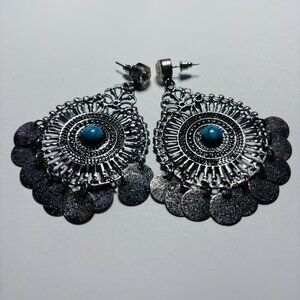 Boho Silver Tone Turquoise Medallion Drop Dangle Earrings